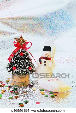 Picture - Christmas, christmas tree, ribbon, decoration, snow man, holiday. Fotosearch
