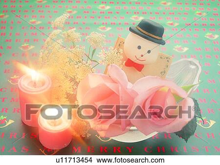 Picture - decoration, candle, Christmas, glass bowl, rose, snow man, colorful. Fotosearch