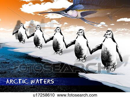 Stock Image - Penguins superimposed on a background of the Arctic. Fotosearch