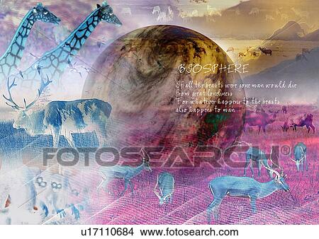 Picture - Wild animals superimposed on a background of the earth. Fotosearch