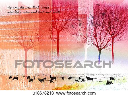 Stock Image - Bare trees superimposed on a background of grazing cattle. Fotosearch