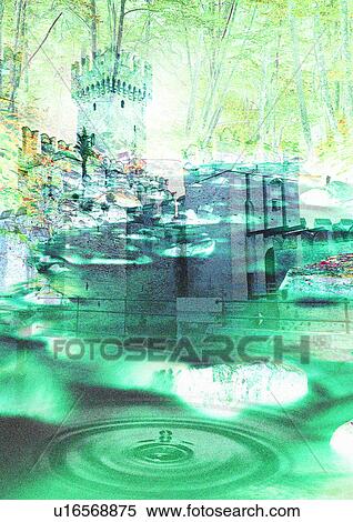 Drops falling in water superimposed on a castle View Large Photo Image Stock Photography - Drops falling in water superimposed on a castle. Fotosearch