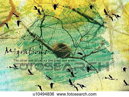 Stock Photograph - Nest in a tree superimposed on a background of flying birds. Fotosearch