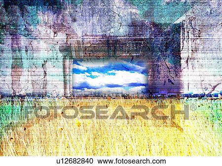 Stock Image - Panoramic view of a field superimposed on a yellow background. Fotosearch