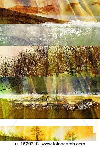 Stock Photo - Scenic images superimposed on a brown background. Fotosearch