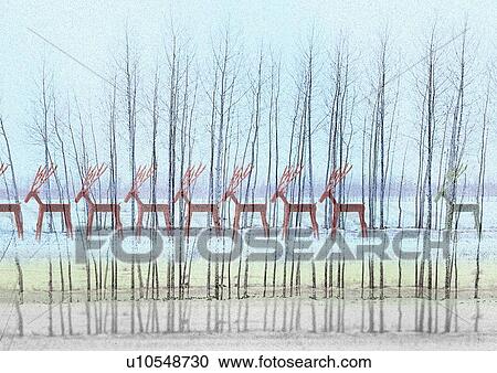 Stock Image - Side profile of deer superimposed on a background of trees. Fotosearch
