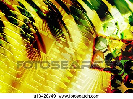 Stock Photo - Close-up of a circuit board superimposed on an explosion of light. Fotosearch