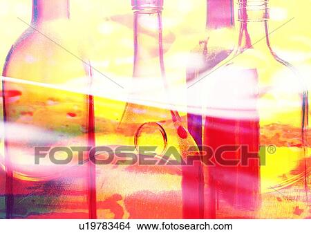 Close-up of bottles superimposed on a yellow background View Large Photo Image Picture - Close-up of bottles superimposed on a yellow background. Fotosearch