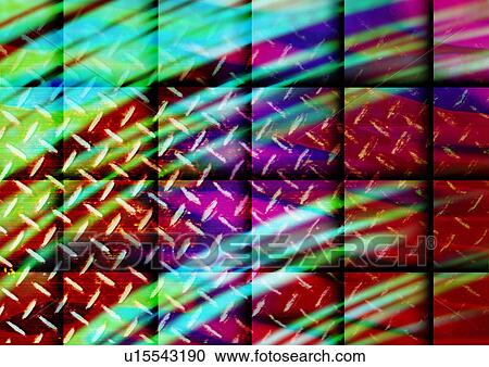 Stock Image - Surface of a metal sheet superimposed on a multi colored background. Fotosearch
