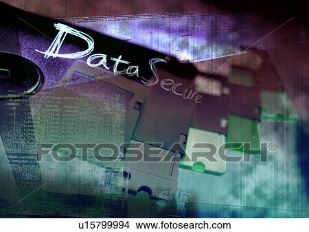 Picture - Close-up of text superimposed on floppy discs. Fotosearch