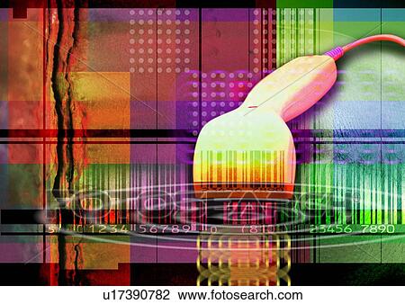 Stock Image - Handheld scanner superimposed on a multi colored pattern. Fotosearch