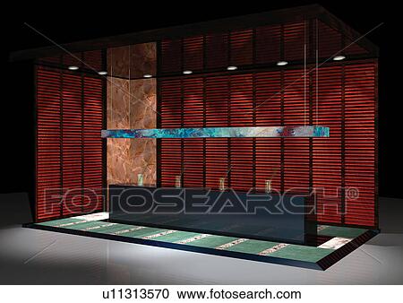 Stock Image - Exhibition, Computer Graphic, Decor, Exhibition Hall, Desk, Light. Fotosearch
