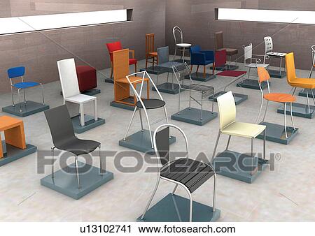 Stock Image - High angle view of assorted chairs in an office. Fotosearch