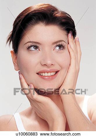 Hair Back, One Young Woman Only, Close-Up, Human Face, Young Adult, Smiling, Hand On Chin View Large Photo Image Stock Image - Hair Back, One Young Woman Only, Close-Up, Human Face, Young Adult, Smiling, Hand On Chin. Fotosearch