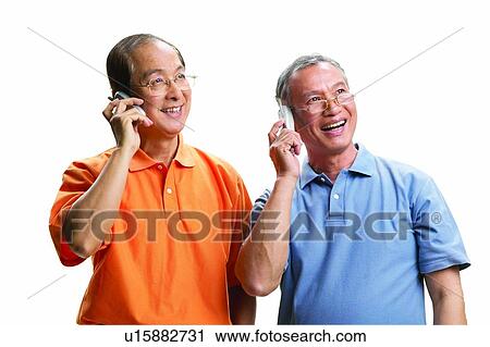 Stock Image - Connection, Two People, Happiness, Communication, Balding, Mature Adult, Talking. Fotosearch