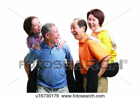 Stock Photo - Piggyback, Happiness, Casual Clothing, Scarf, Lifestyles. Fotosearch