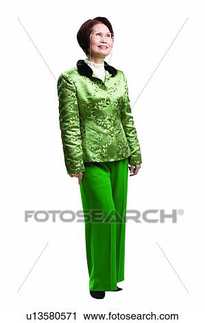 Stock Image - White Background, Asian Ethnicity, One Person, One Mature Woman Only, Family & Love, Standing, Happiness. Fotosearch