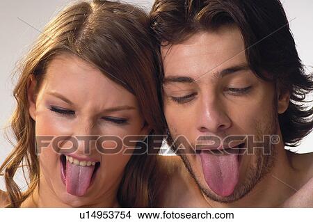 Picture - Brown Hair, Looking Down, Sticking Out Tongue, Flirty Couples II, Humor, White Background. Fotosearch