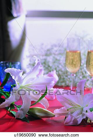 Stock Image - flower, plant, wine glass, cup, table, lily. Fotosearch