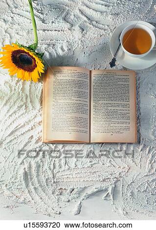 Stock Image - , plant, book, flower, spoon, tea cup. Fotosearch