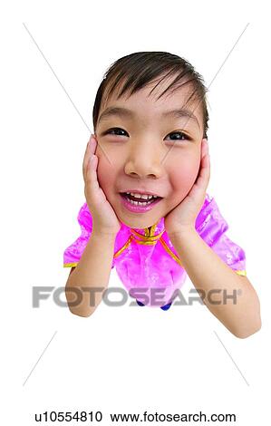 Stock Image - Cheek, Asian Ethnicity, Casual Clothing, Brown Hair, Bangs, Child, 3-4 Years. Fotosearch