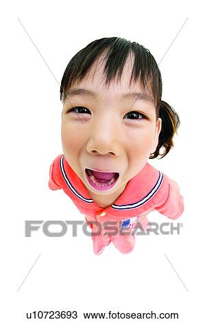 Stock Image - One Girl Only, Mouth Open, Standing, Fun, Looking At Camera, Child. Fotosearch