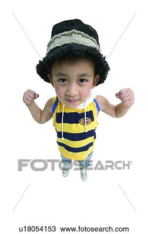 Stock Image - Portrait, Child, Flexing Muscles, Hat, One Person, Power. Fotosearch