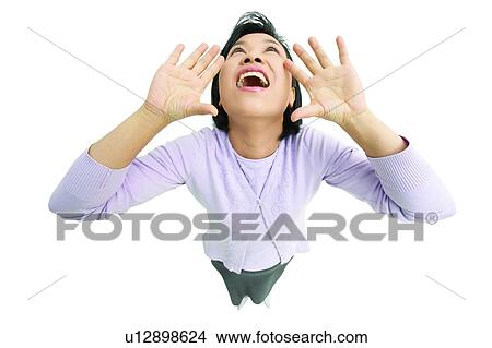Picture - Standing, Shouting, White Background, Indoor, Human Palm. Fotosearch
