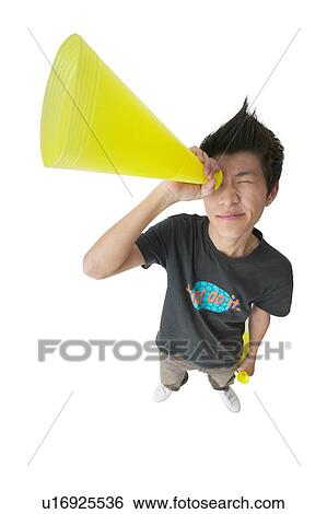 Stock Photograph - Bullhorn, Adolescence, Black Hair, Asian Ethnicity, Announcement Message, Casual Clothing, 16-17 Years. Fotosearch