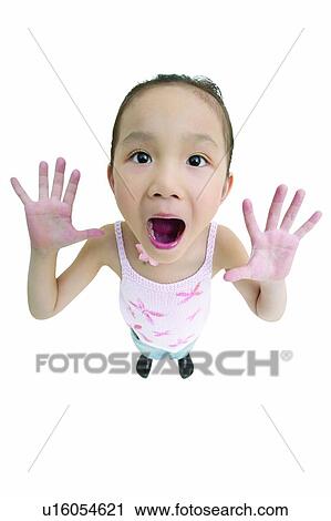 Stock Image - Arms Raised, Child, Casual Clothing, Asian Ethnicity, 8-9 Years. Fotosearch