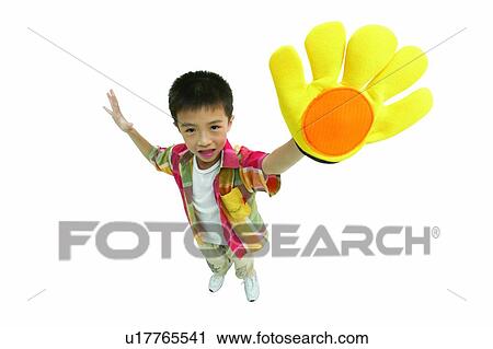 Stock Image - Casual Clothing, Arm Outstretched, Button Down Shirt, Black Hair, Asian Ethnicity, Child, 10-11 Years. Fotosearch