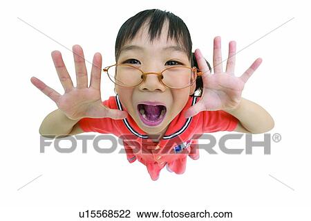 Stock Image - Casual Clothing, Arms Raised, Black Hair, Bangs, Asian Ethnicity, Child, 8-9 Years. Fotosearch