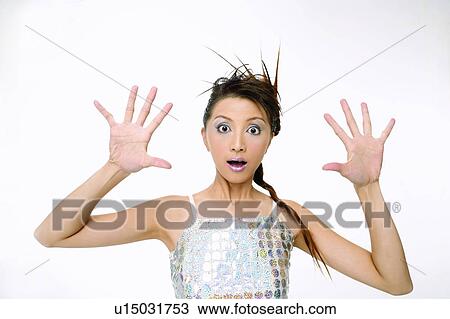 Stock Image - Cut Out, Spiky Hair, Portrait, Disbelief, Surprise, Indoor. Fotosearch