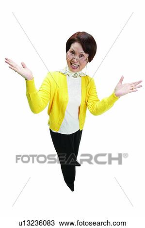 Stock Image - Human Hand, White Background, Brown Hair, Smiling, Gesturing. Fotosearch