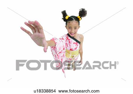 Picture - Human Palm, Standing, Posing, Black Hair, Looking At Camera, Hand Raised, White Background. Fotosearch