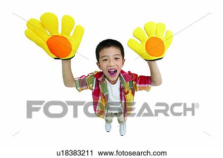 Stock Image - Looking At Camera, Black Hair, Fully Unbuttoned, One Child Only, Asian Ethnicity, Arms Raised. Fotosearch