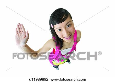 Stock Image - White Background, Human Palm, Long Hair, One Person, Cheerful, Indoor. Fotosearch