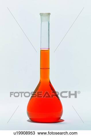 Stock Image - glass, lab, conical flask, chemical, red. Fotosearch