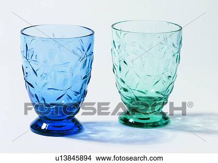 Picture - glass, tableware, water glass, blue, green. Fotosearch