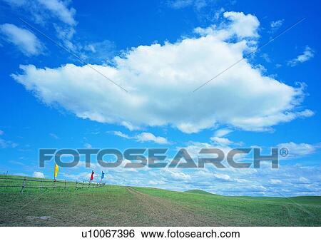Stock Photograph - Field, Fence, Grassy, Outdoor, Cloud. Fotosearch