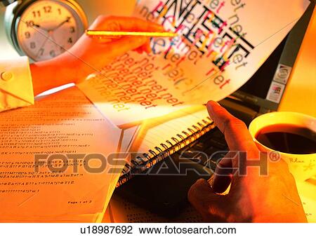 Stock Image - object, light, clock, hand, action, notebook, indoor. Fotosearch