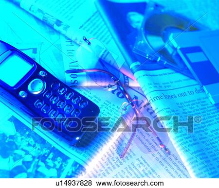 Stock Photo - newspaper, MO disk, mobile, floppy disk. Fotosearch