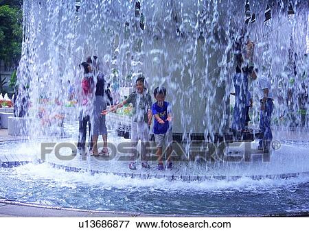 Stock Photo - joyful, pond, waterfall, children, child, pool. Fotosearch