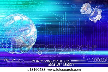 Planet and satellite superimposed on a blue background View Large Photo Image Stock Photo - Planet and satellite superimposed on a blue background. Fotosearch