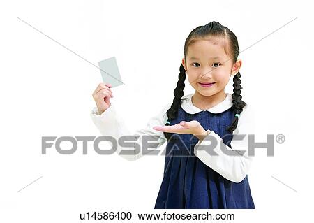 Stock Image - Cards, Asian Ethnicity, Braids, Body Language, Black Hair, Casual Clothing, 6-7 Years. Fotosearch