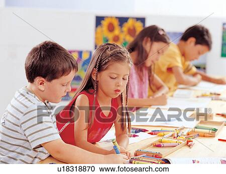 Stock Image - holding, emotion, children, coloring, girls, large group of people. Fotosearch