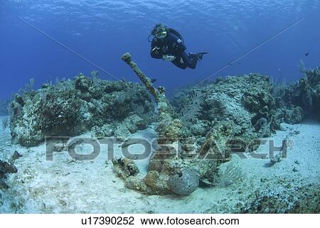 Stock Image - Diver and anchor from undiscovered shipwreck, Maria La Gorda, Cuba, Caribbean. Fotosearch