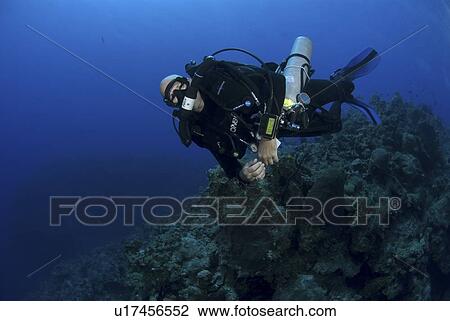 Stock Image - Technical Divers using Trimix, Rebreathers and technical diving equipment, Divetech, Grand Cayman, Cayman Islands, Caribbean. Fotosearch