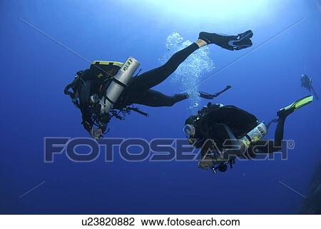 Stock Image - Technical Divers using Trimix, Rebreathers and technical diving equipment, Divetech, Grand Cayman, Cayman Islands, Caribbean. Fotosearch