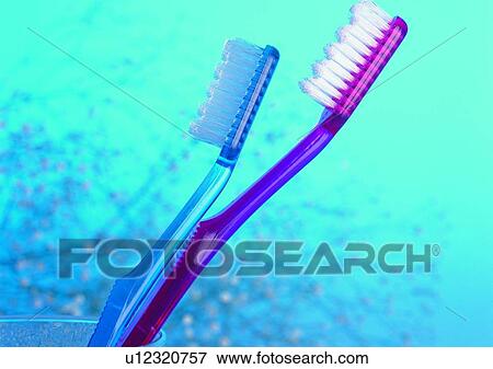 Stock Photo - blue, red, toothbrush, glass cup, background, shaped. Fotosearch